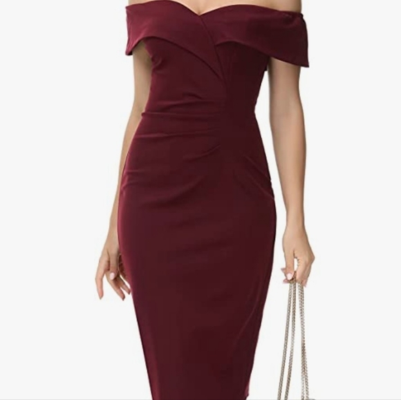 Vintage Inspired Off The Shoulder Bodycon Dress Large Wine Red - Picture 2 of 6